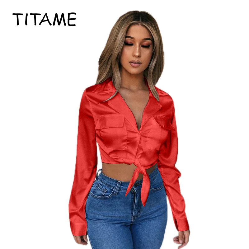 TITAME атласная блузка для женщин на шнуровке с длинными рукавами и отложным