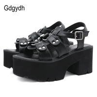 gdgydh vintage rivets gothic sandals chunky heel black leather pu ladies comfort footwear summer open toe roman style wholesale