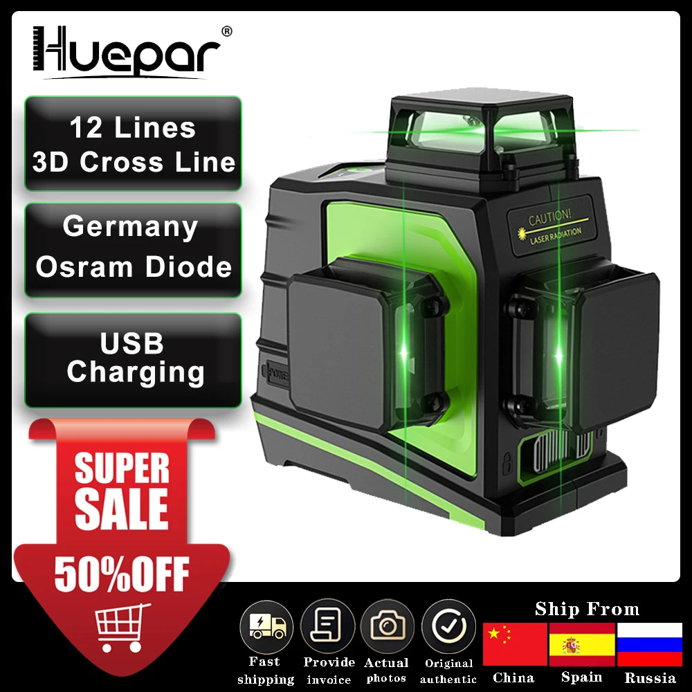 

Huepar 12 Lines 3D Cross Line Laser Level Self-Leveling 360 Degree Vertical & Horizontal Cross Green Red Beam Line USB Charging