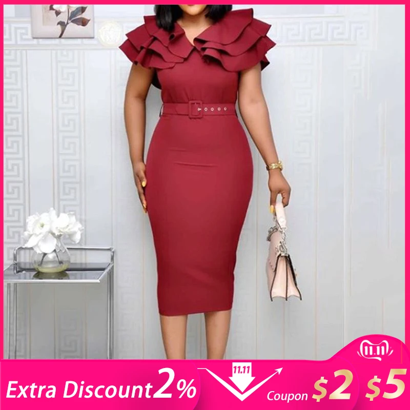 Женское платье пуловер до середины икры с оборками и коротким рукавом элегантное