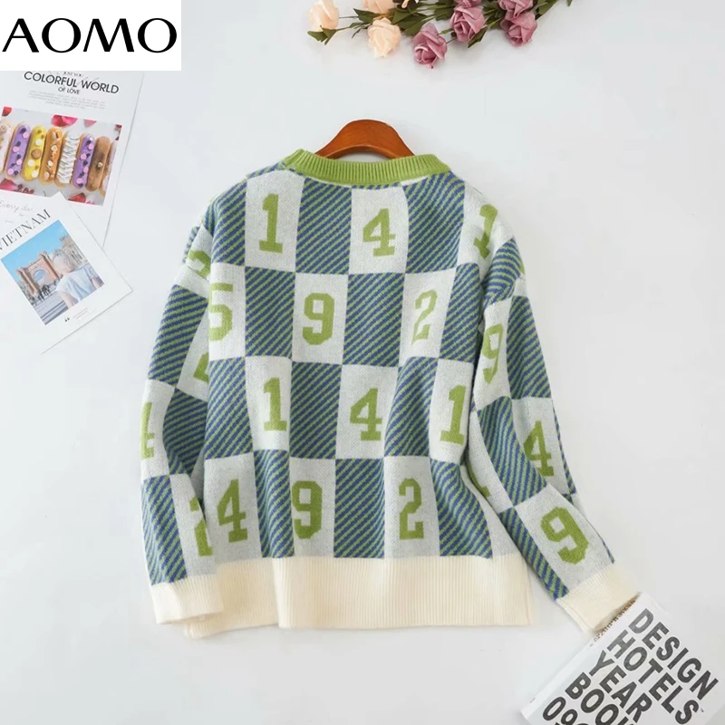 

AOMO 2020 autumn winter korea chic women number pattern sweater vintage ladies loose knitted jumper tops 7A05A