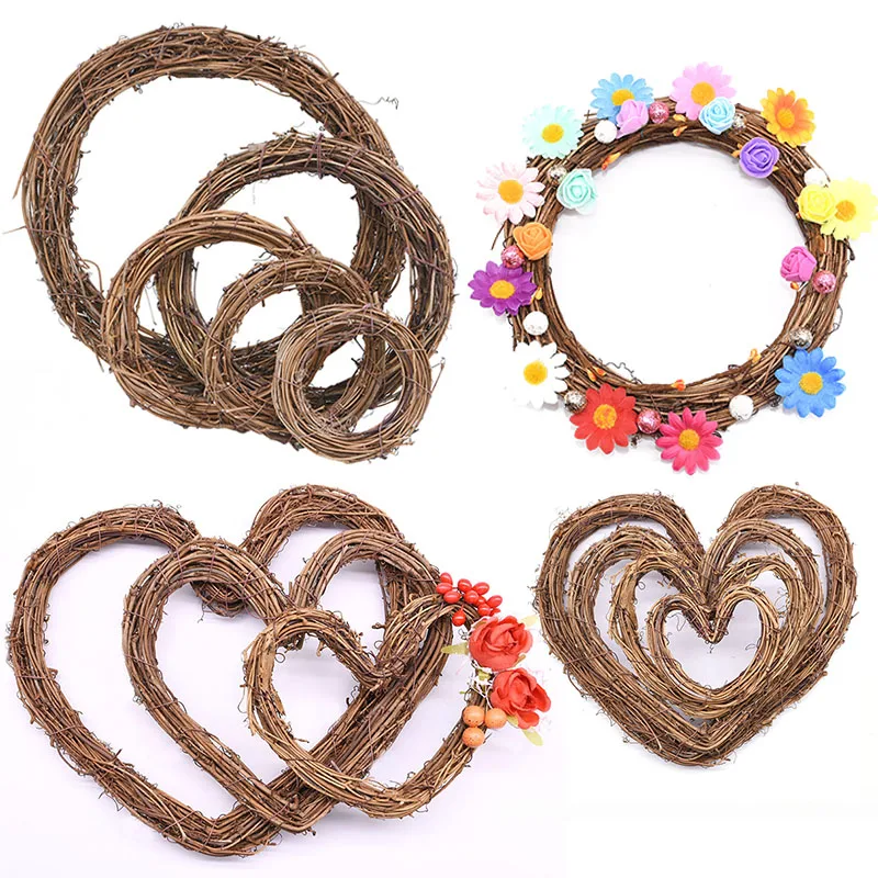

8-30cm Nature Rattan Ring Artificial Flower Garland Door Round/Heart Hanging Decoration DIY Floral Wreath For Wedding Home Decor