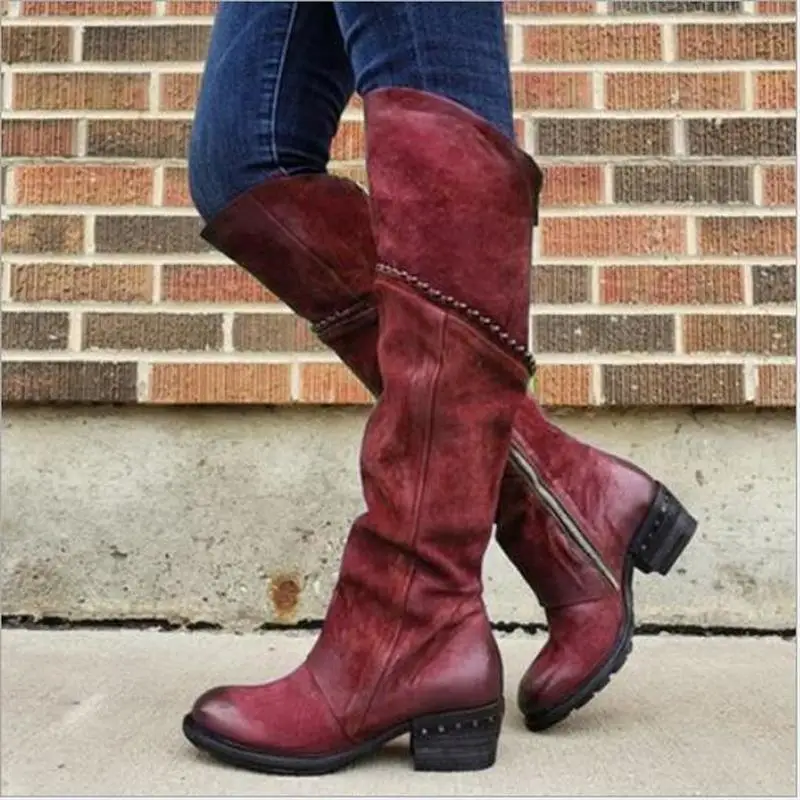 Женские сапоги выше колена из искусственной кожи на среднем каблуке | Обувь