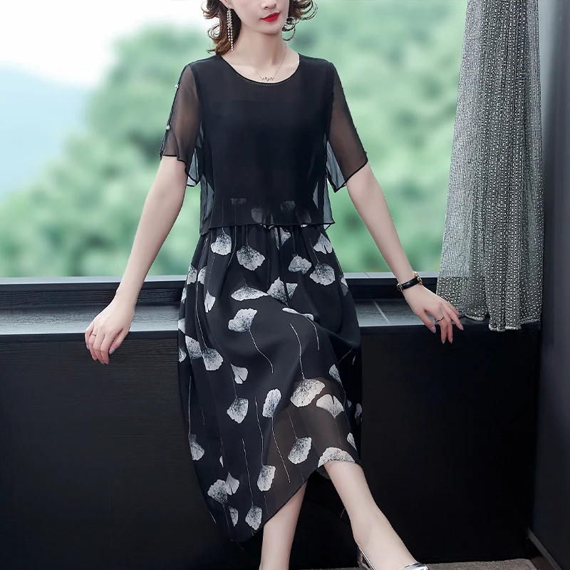 

Chikichi 2021 Spring and Summer New Loose Large Size O-neck Leaf Print Black Chiffon Long Dress M-4XL Summer Dress Women