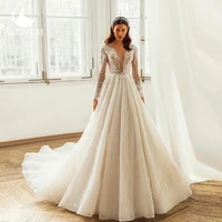 aedmgh luxury empire wedding dresses 2021 v neck long sleeve a line court train vestido de novia lace appliques robe de mariee