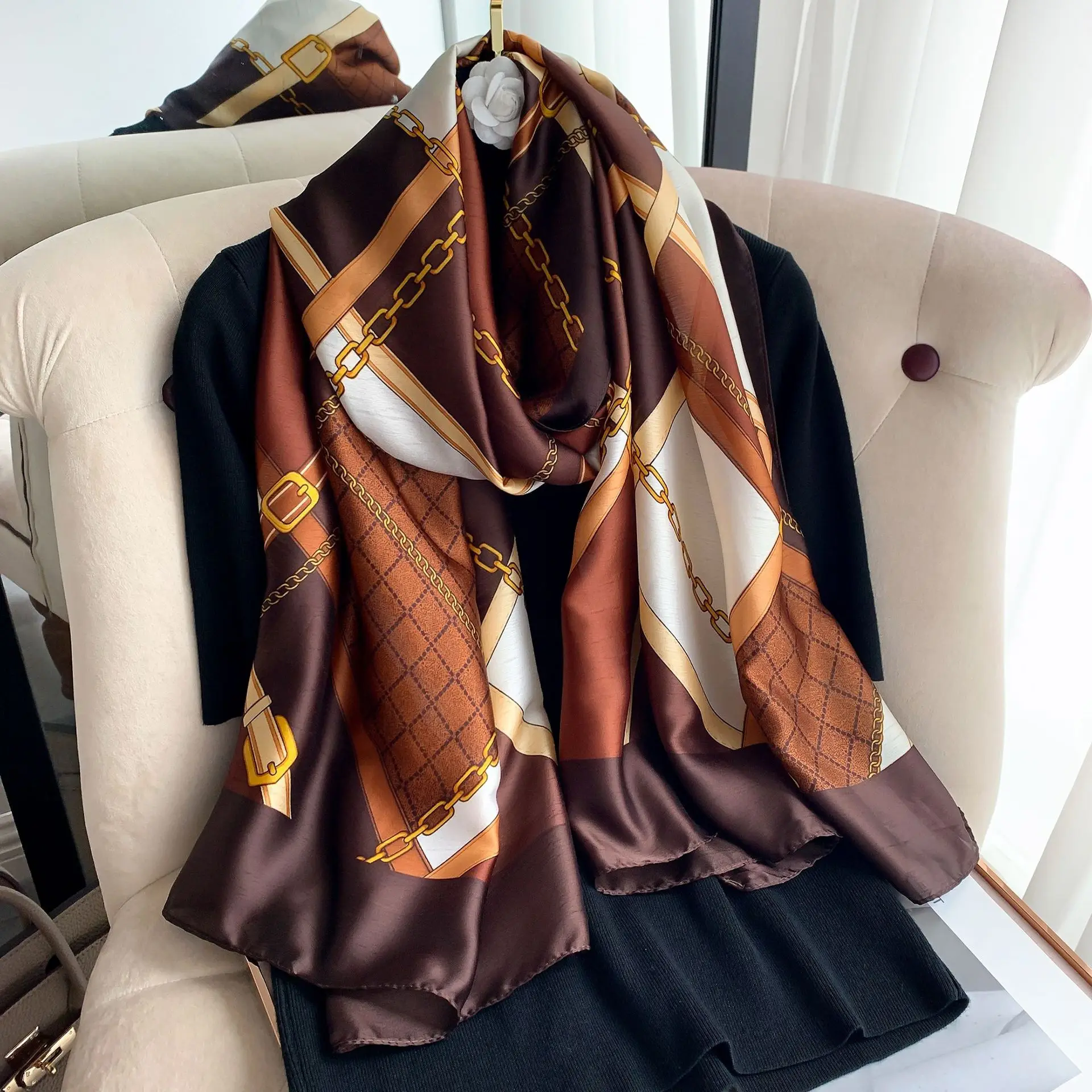 

Spring And Autumn Imitation Silk Scarf Soft Long Thin Shawl Fashion Luxury Elegant Decoration Warm Sun Protection 180cm*90cm