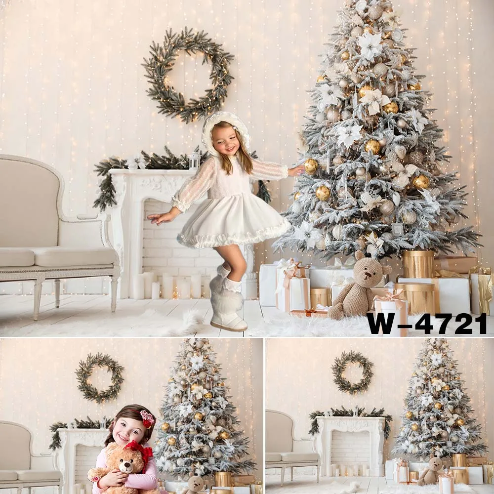 

Christmas Backdrop Christmas Tree Gifts White Fireplace Baby Portrait Xmas Party Decor Photo Background Props W-4721