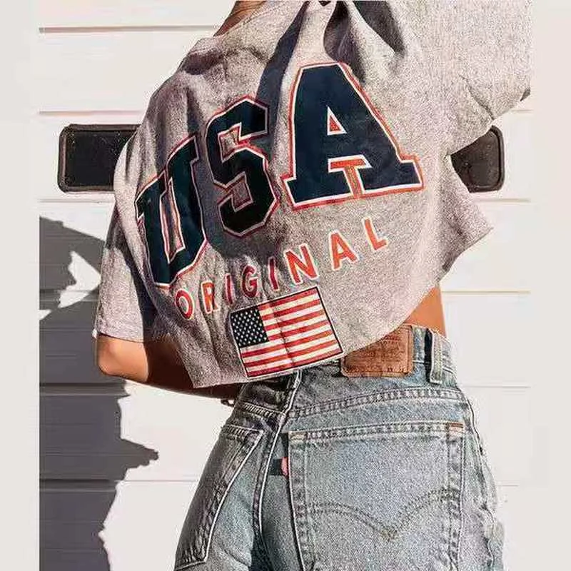 

Gray Vintage American Back USA Print Sexy Crop Top Graphic T Shirts Women Short Sleeve O Neck Casual T-shirt Summer Fashion Tees
