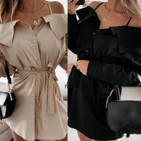 dropshippingshirt dress solid color off shoulder spaghetti strap long sleeve lace up single breasted women dress for vacation