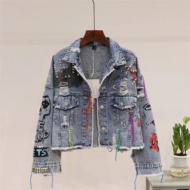 Куртка женская джинсовая с заклепками базовая Короткая свободная уличная одежда