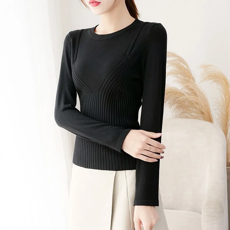 autumn winter sweet sweater women O Neck Long Sleeve Pullover Female Knitted slim fake two piece jumper top black beige | Женская одежда