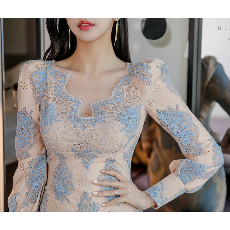 

Spring Women's Korean Style Printed Lace Patchwork Dress Bodycon V Neck Long Sleeve Elegant Bag Hip High Waist Dress D13016X