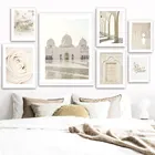Настенная картина с изображением бежевой Исламской мечети, мусульманской марокканской двери, цветка, плакаты и принты на холсте, настенные картины для декора гостиной
