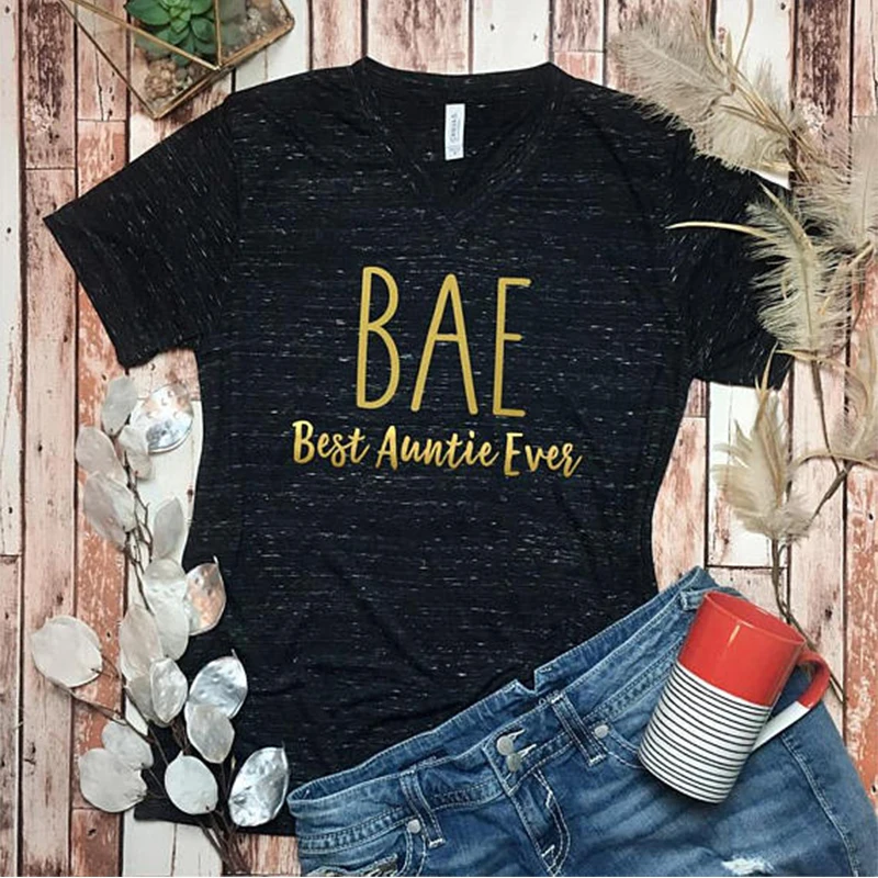Модная футболка BAE Best Auntie Ever с буквенным принтом, женская летняя футболка с коротким рукавом и v-образным вырезом, женская одежда, повседневная верхняя одежда, футболка