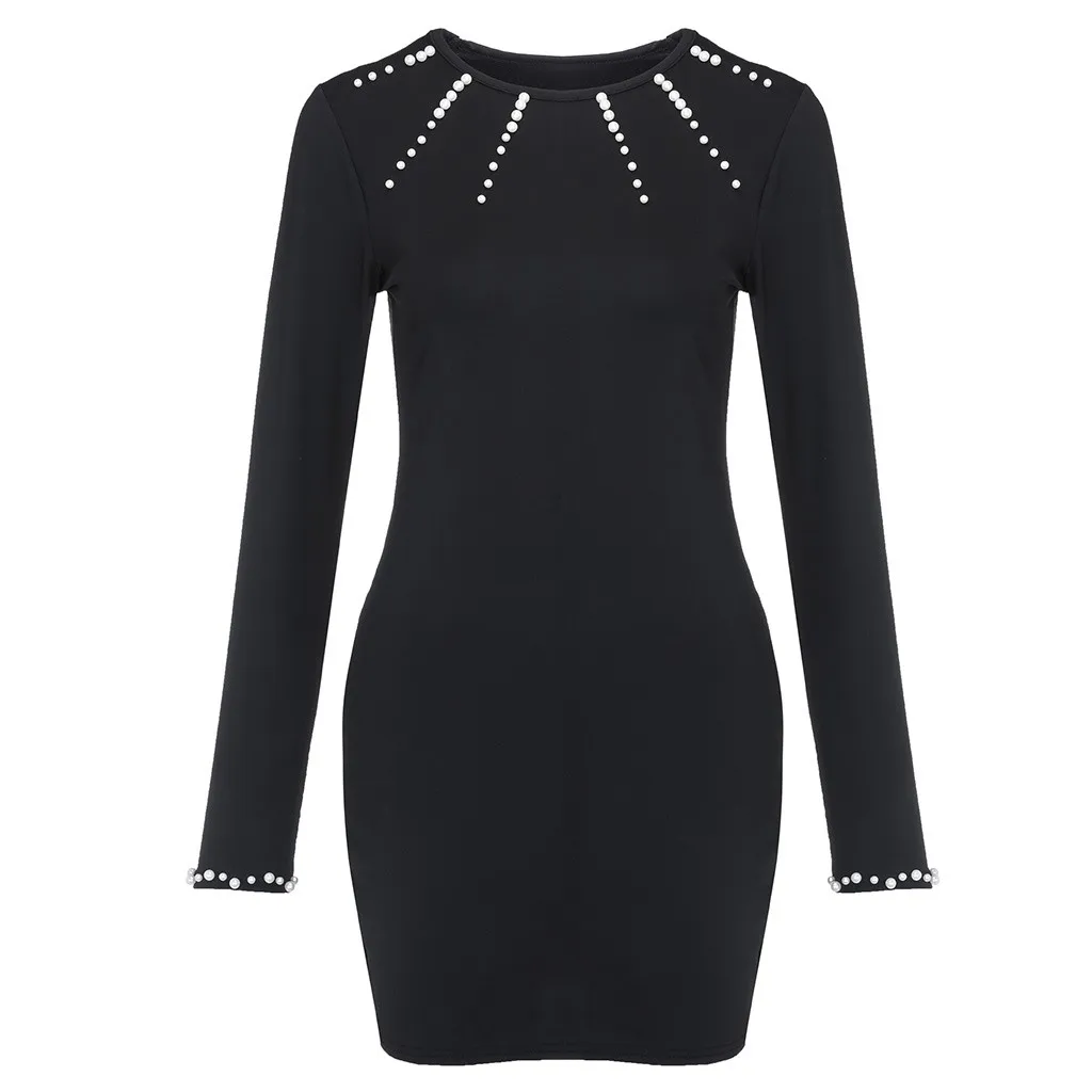 Women Beaded Long Sleeve Bodycon Dress Pullover Ladies Party Cocktail Mini платье женское vestido de festa Dropship #D | Женская