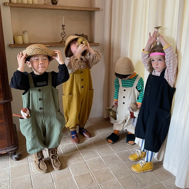 

Детский однотонный комбинезон на подтяжках для мальчиков, повседневные свободные брюки на подтяжках, однотонные брюки в Корейском стиле с ...