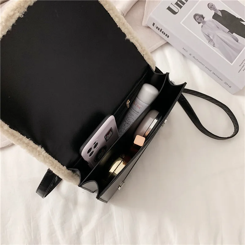 

New Winter Women's PU Leather Sewing Thread Pattern Square Crossbody Bags Female Luxury Elegant Travel Plush Shoulder Handbags