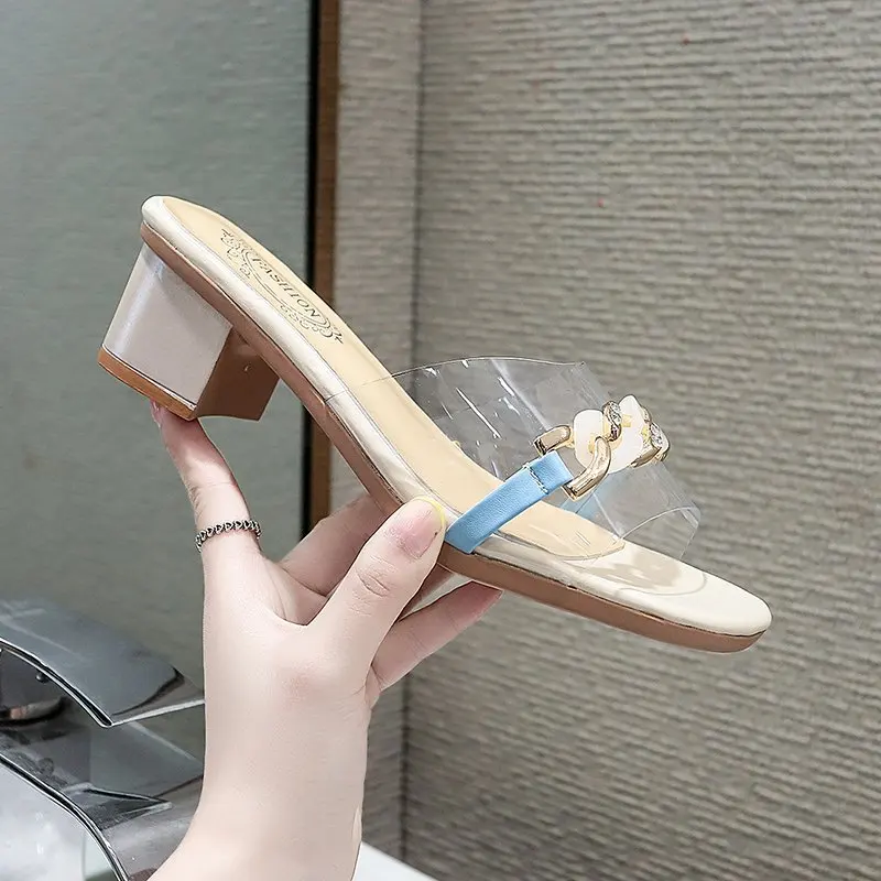 

Low Shoes Ladies' Slippers Luxury Slides Transparent Heel Slipers Women Rubber Flip Flops Shallow Square heel Designer Soft 2021