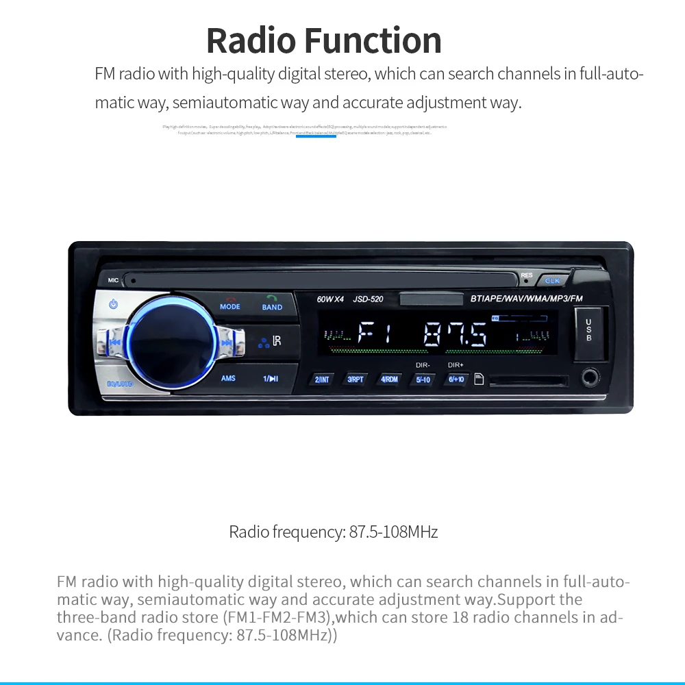 JSD520 ISO 12 в Bluetooth автомобильный стерео In-dash 1 Din FM Aux вход поддержка Mp3/MP4 USB MMC WMA AUX IN TF автомобильный Радио плеер