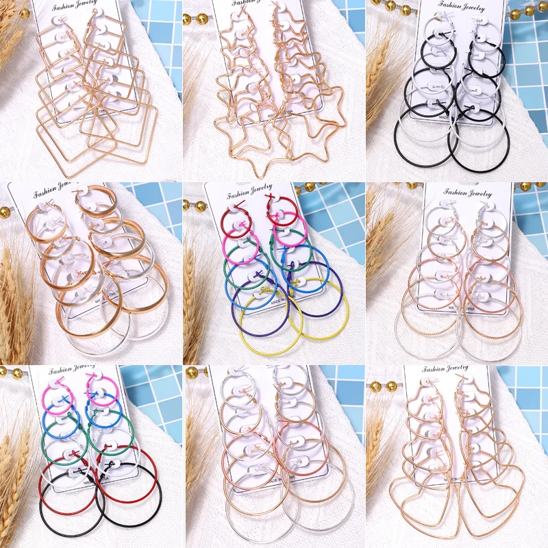 

6pairs/lot Gold Plated Hoop Earrings for Women Star Heart Earrings Round Rainbow Color Adjustable Earring Daily Party Jewelry