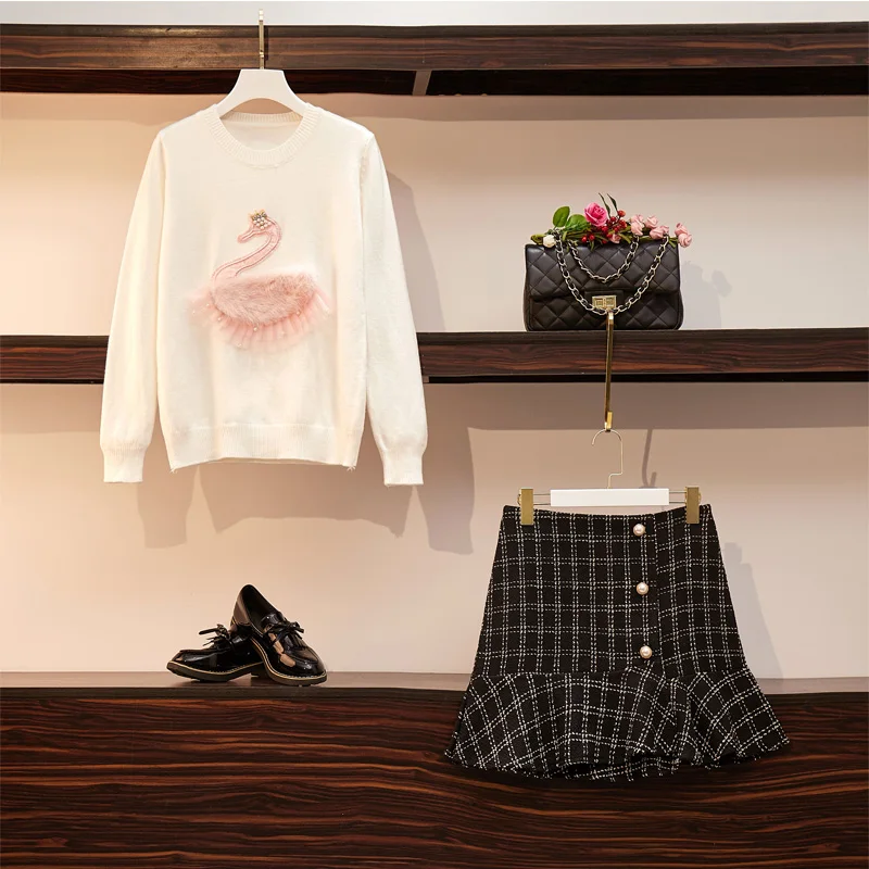 2019 Fall Winter Beading Swan Knitted White Pullover Jumper + Plaid Tweed Mermaid Skirts Women Ruffles 2 Piece Set Female | Женская