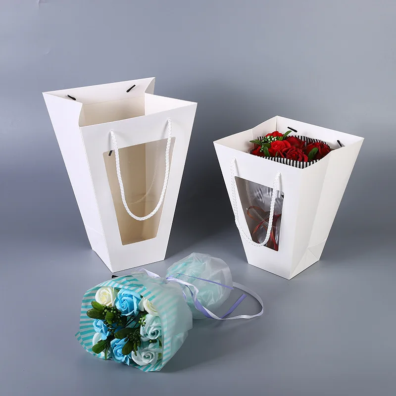 Kraft Paper Transparent Flower Box Waterproof Packaging Basket Folding Handbag |