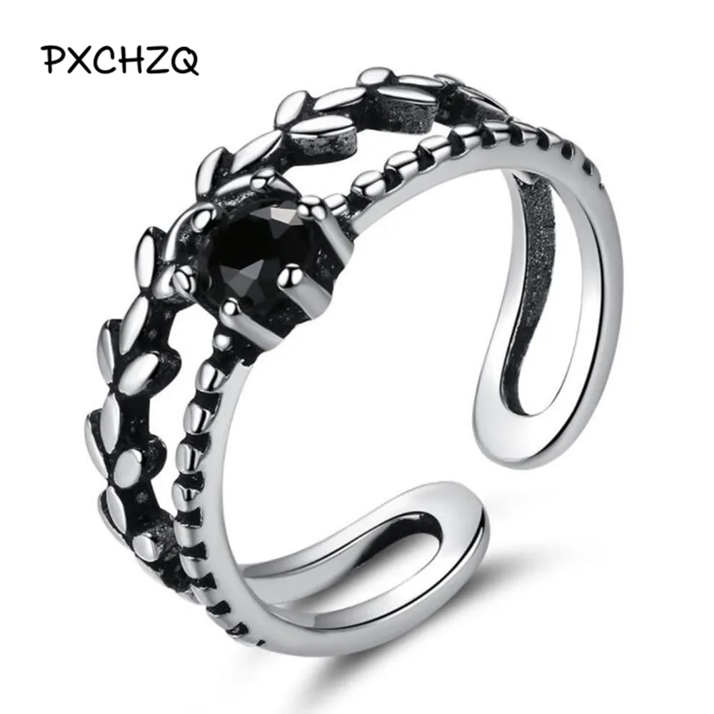 Женское кольцо с черным цветком PXCHZQ регулируемое Открытое из стерлингового