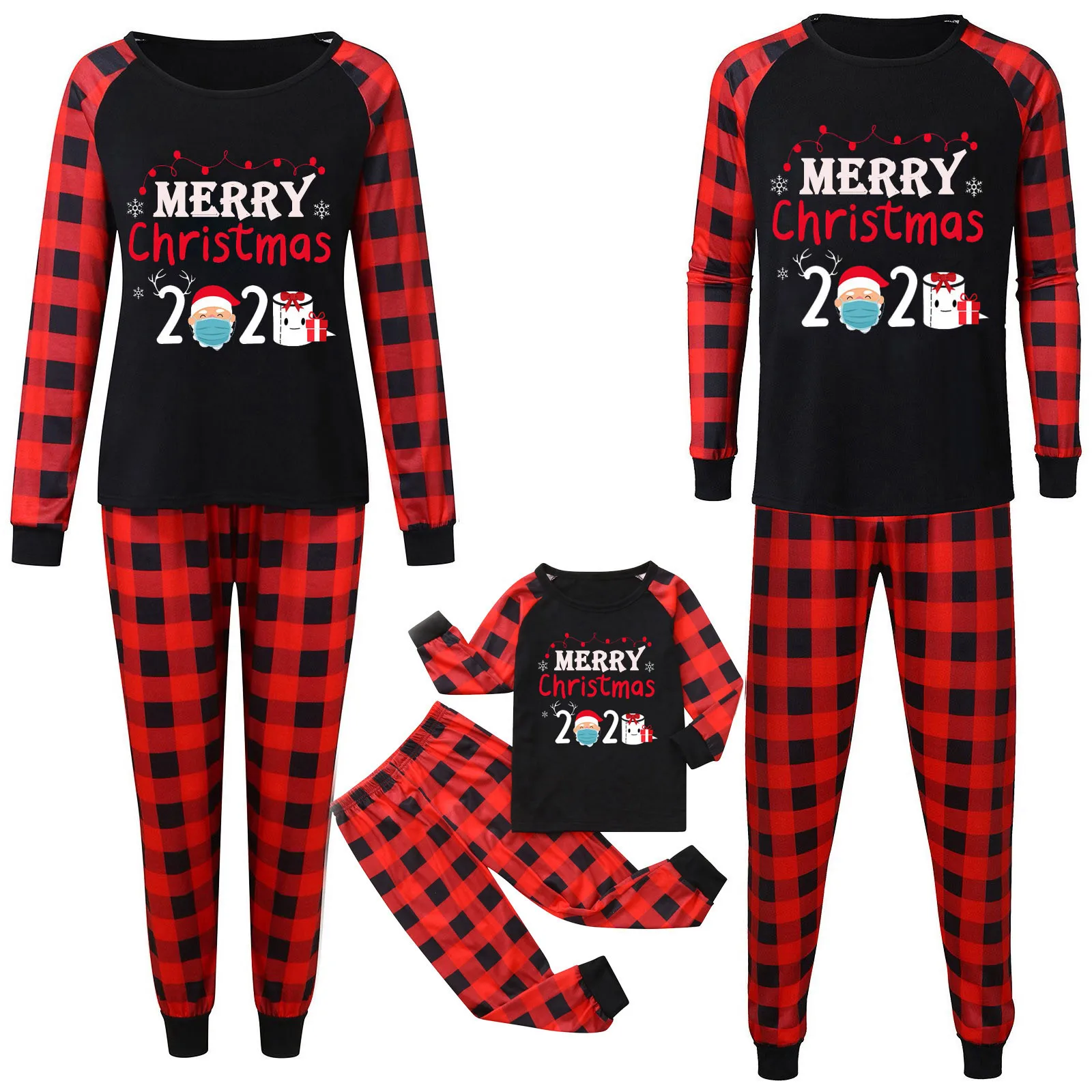 Merry Matching Christmas Pajamas for Family Women Men Kids Red Plaid Letter Loungewear Raglan Sleeve Outfits | Мать и ребенок