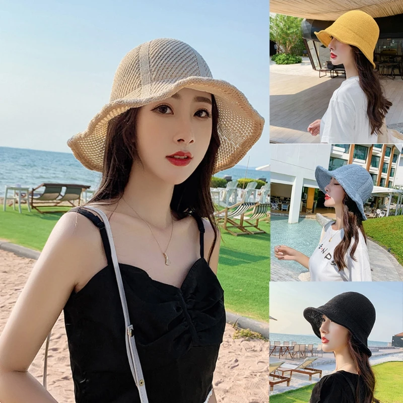 

Women Summer Weave Straw Sun Hat Macaron Candy Color Wavy Wide Brim Beach Cap