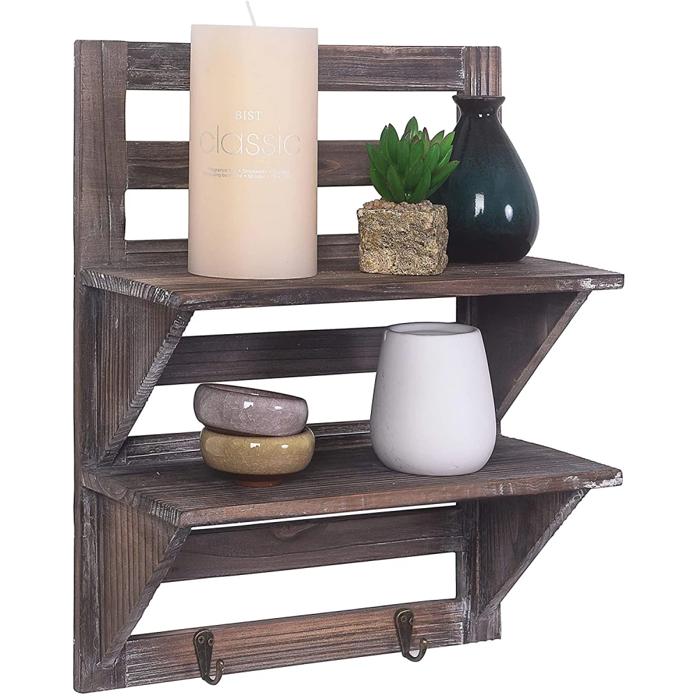 

Rustic Shelves Bathroom Shelf Wood Wall Mounted Shelves for Bathroom Floating Shelves Wall Shelves 2 Hooks 2-Tier Brown