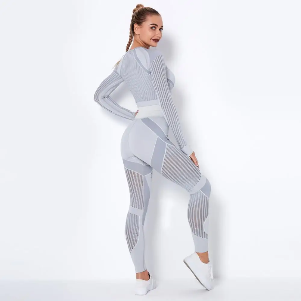 

2020 Autumn Winter 2 Pieces Suit Set Gym Clothes for Woman Sportswear Crop Top Leggings Sexy Net Hold Tracksuit Hot Sale Pants