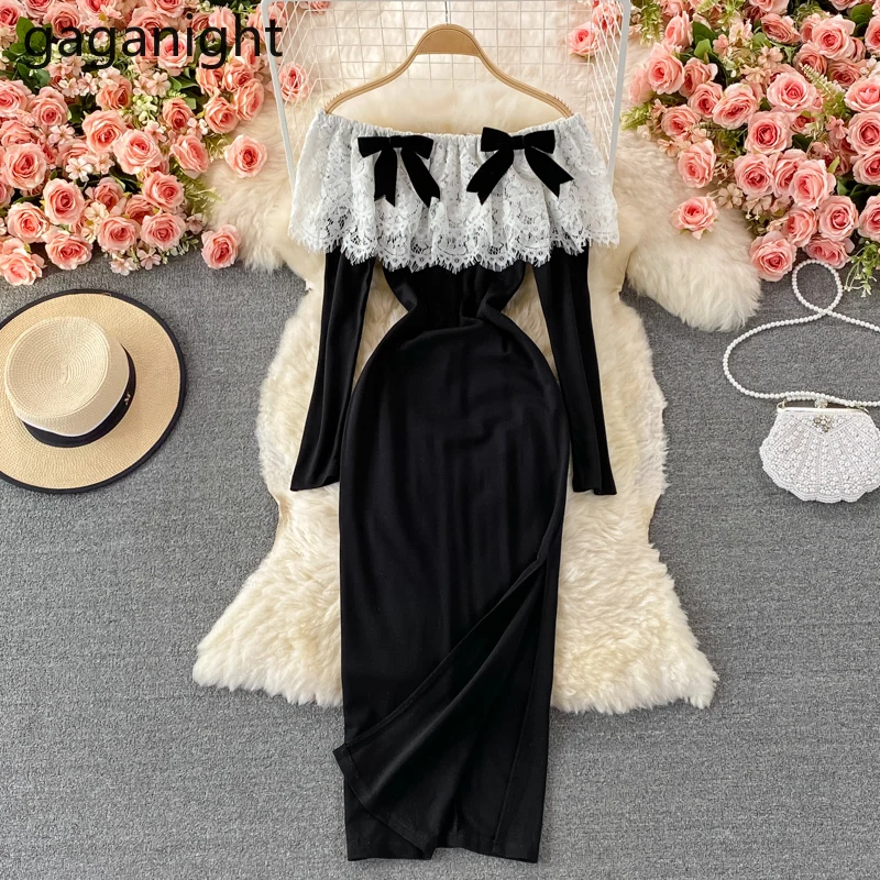 

Gaganight Elegant Women Lace Slash Neck Dress Long Sleeves Fashion Velvet Sexy Office Lady Bodycon Party Dresses Chic Vestidos