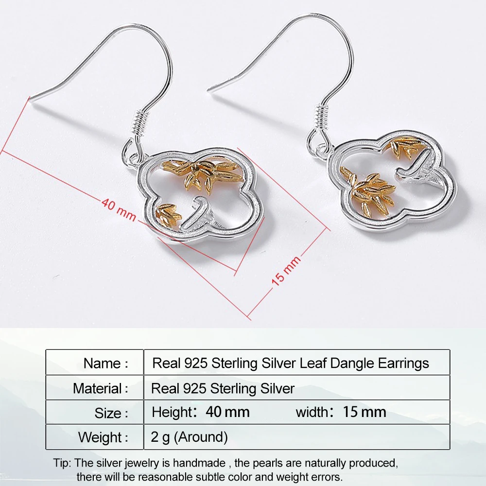

LATS Real 925 Sterling Silver Korean Leaf Dangle Earrings for Women Gold-plated Simple Plum Earring 2020 Fine Jewelry Bijoux