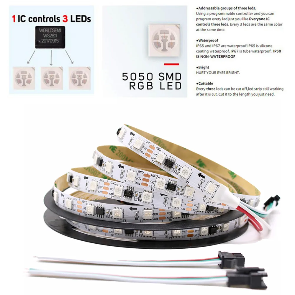 DC12V 5 м WS2811 Светодиодный пиксельный ленточный светильник RGB Полноцветный 5050