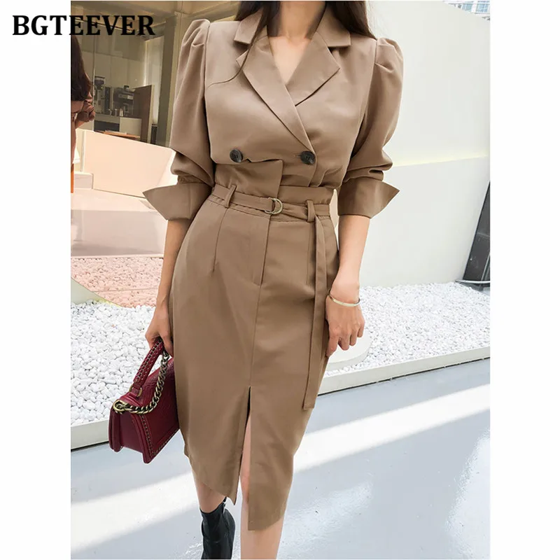 

BGTEEVER Stylish Female Skirt Suits Double Breasted Short Blazer & High Waist Belted Midi Skirt Autumn Female 2 Pieces Set 2020