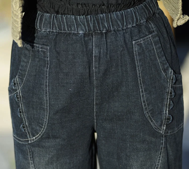 Брюки женские с вышивкой и эластичным поясом джинсовые брюки широкими штанинами