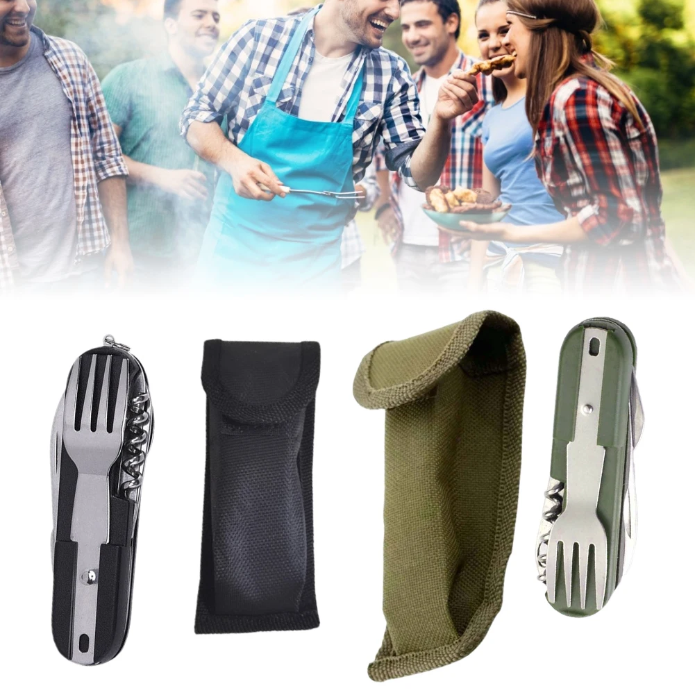 

Stainless Steel Travel Kit Portable Army Green Folding Camping Picnic Cutlery Knife Fork Spoon Bottle Opener Flatware Tableware