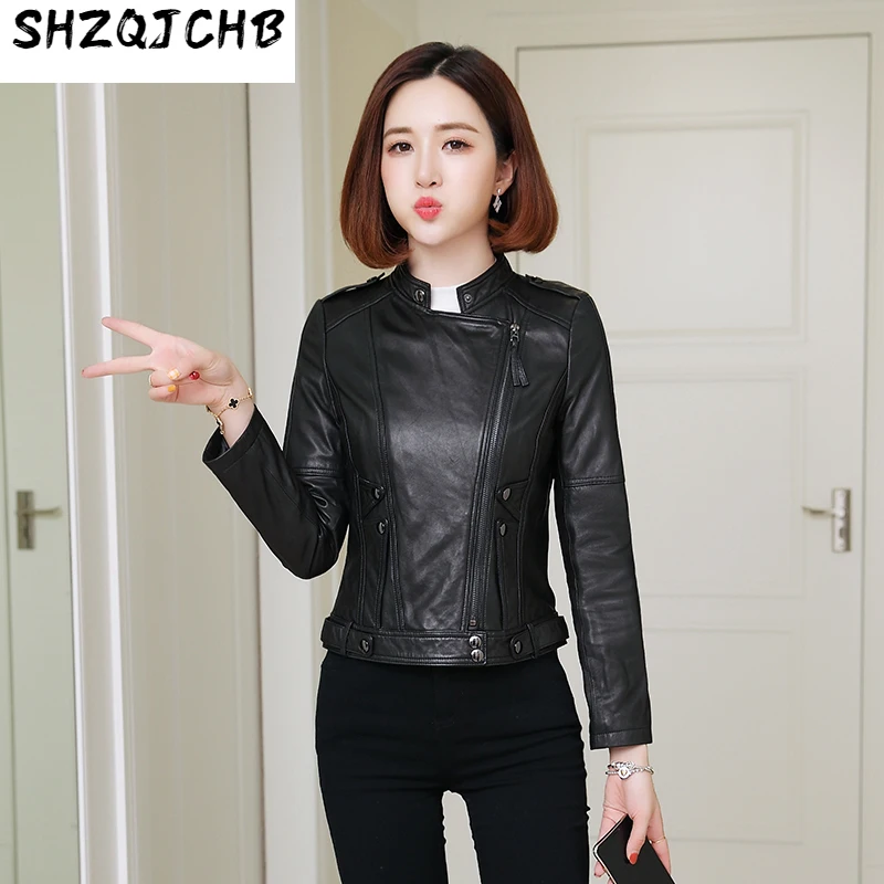 

SHZQ, кожаная женская короткая Весенняя новая куртка из овечьей кожи, приталенная мотоциклетная куртка, 2021