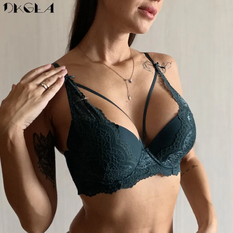 Мода Зеленый Нижнее Белье Женщин Бюстгальтер Push Up A B C Кубок Хлопок Толстый Черный Собрать Сексуальный Бюстгальтер Вышивка Кружева Белье
