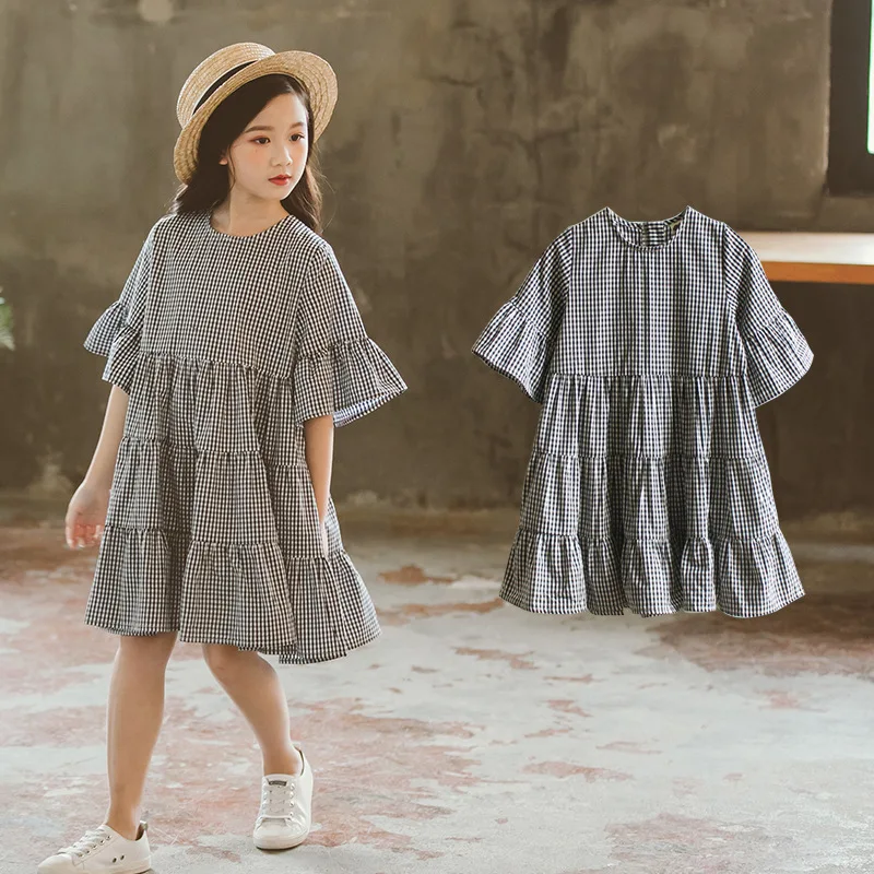 school big girls plaid dress flare sleeve summer toddler kids dresses loose children clothes size 4 5 6 7 8 10 12 14 Years | Детская