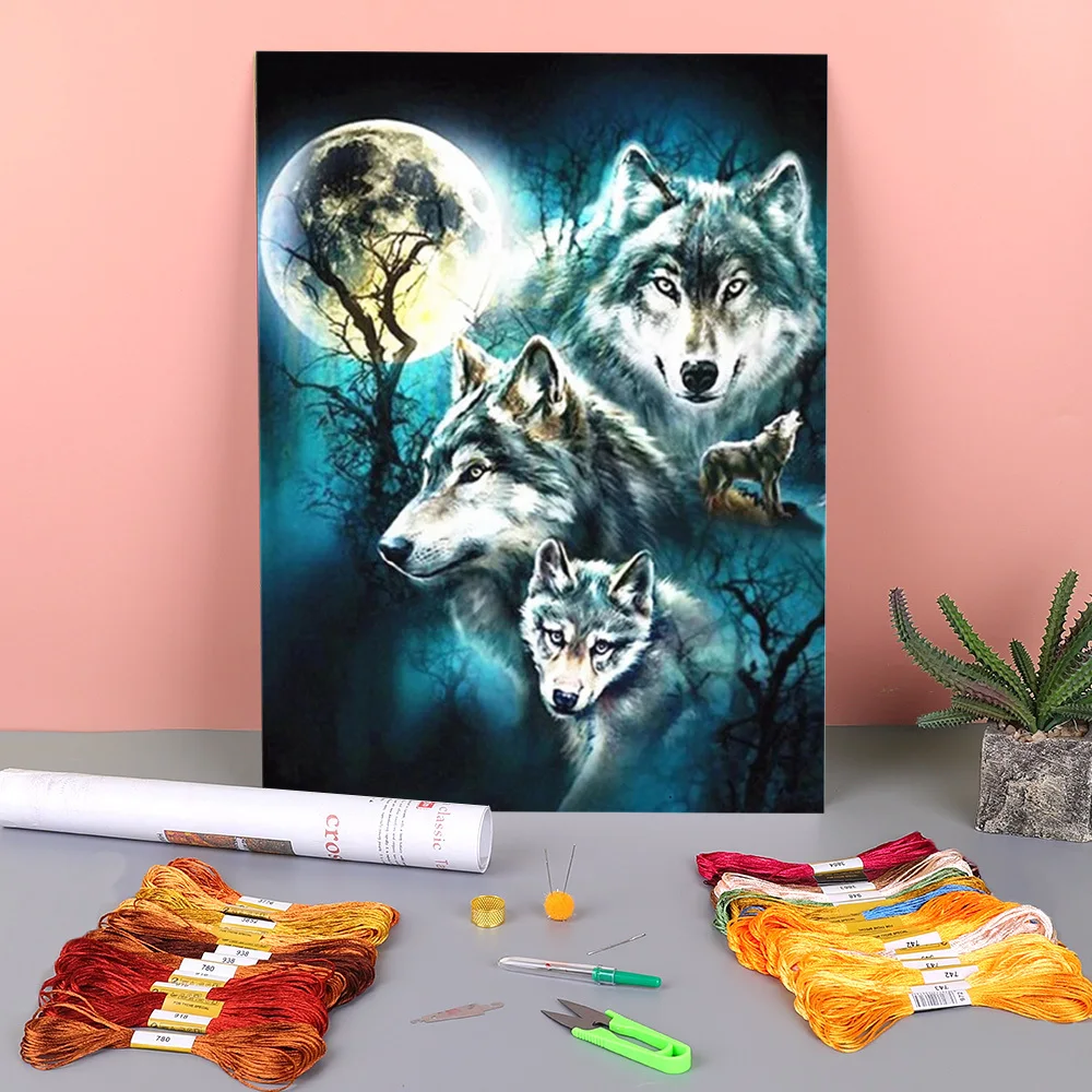 

Ткань с принтом Луны и волка 11CT, полный комплект для вышивки крестиком, «сделай сам», DMC нитки, рукоделие, работа, шитье, оптовая продажа ниток