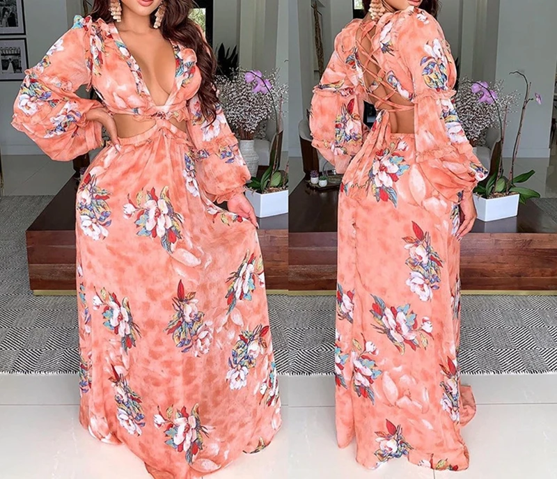

Women Floral Printed Plunge V-neck Backless Maxi Dress