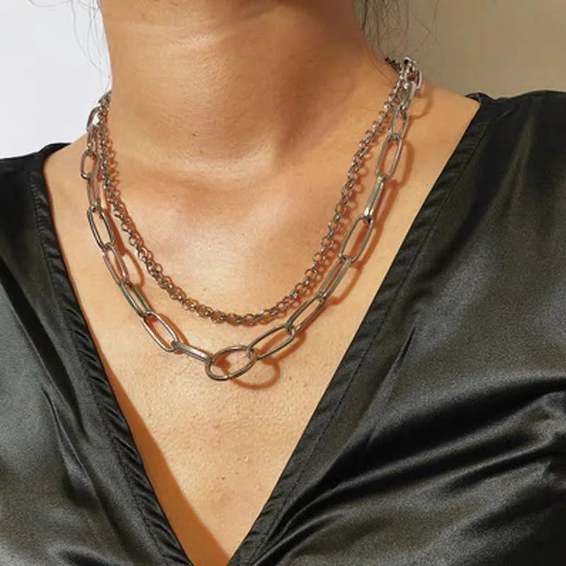 

Retro round multi-layer geometric chain necklace for women's metal punk style necklace personality charm jewelry