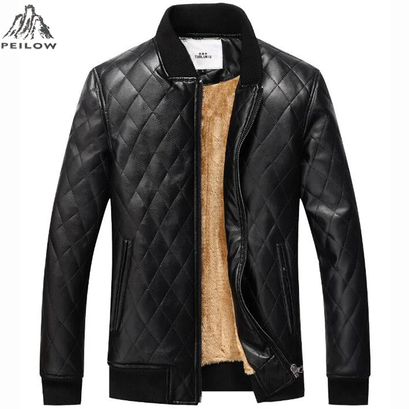 

PEILOW Новая зимняя мужская куртка высокого качества мотоциклетные кожаные куртки Теплая Флисовая клетчатая парка Мужское пальто из искусств...