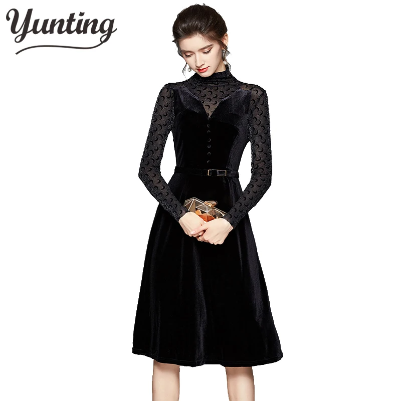 

2021 High-end Custom Fashion runway Dress Long sleeve high-waisted lace patchwork velvet dresses