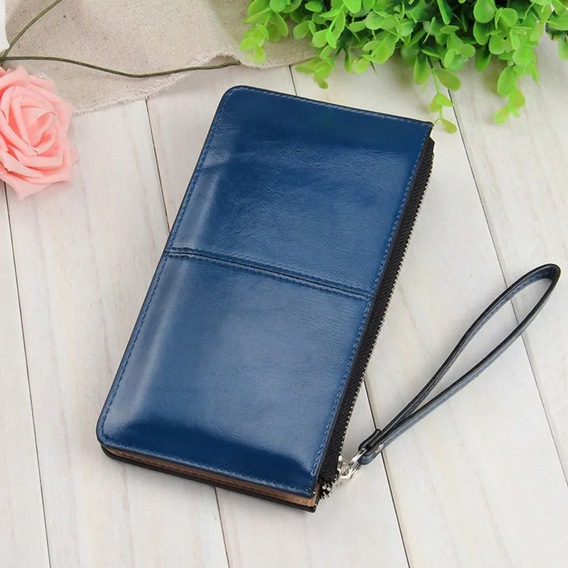 Dark blue Женский кошелек-клатч из натуральной кожи на молнии от известного бренда, Женский кошелек конфетного цвета с защитой от взлома, Дамская многофункциональная сумка для телефона - Цвет: Dark blue