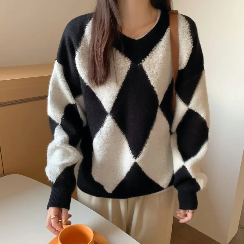 

Женский свитер в клетку с бриллиантами, в японском стиле