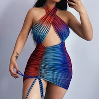 colorful striped backless criss cross halter dress night club party outfits women hollow out summer drawstring bodycon sundress
