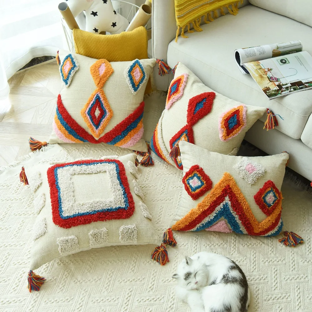 

Роскошный чехол для подушки ручной работы в марокканском стиле, разноцветный чехол для подушки в этническом шерстяные кисточки стиле 45x45 см/30x50 см, домашнее украшение