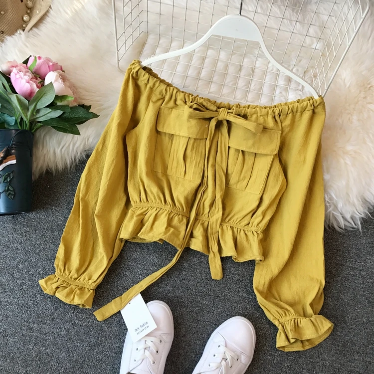 Camiseta Polo Feminina длинный рукав сексуальный с одним словом воротник Модный женский